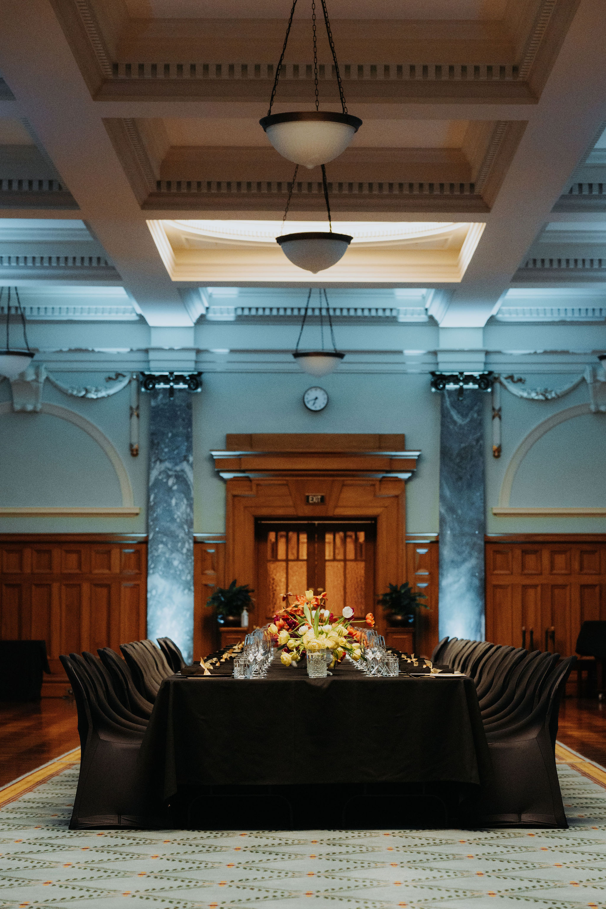 photo of dining table set up for dinner in Grand Hall